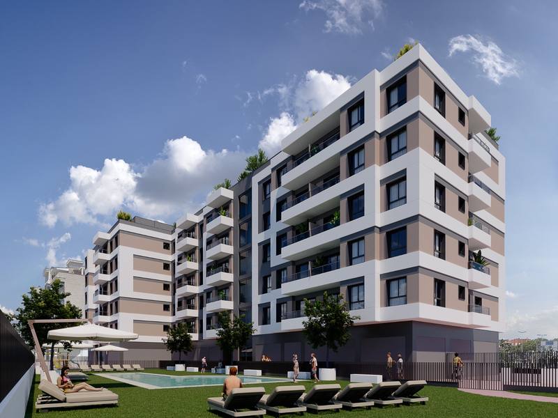 Render de una promoción residencial con piscina y zonas verdes